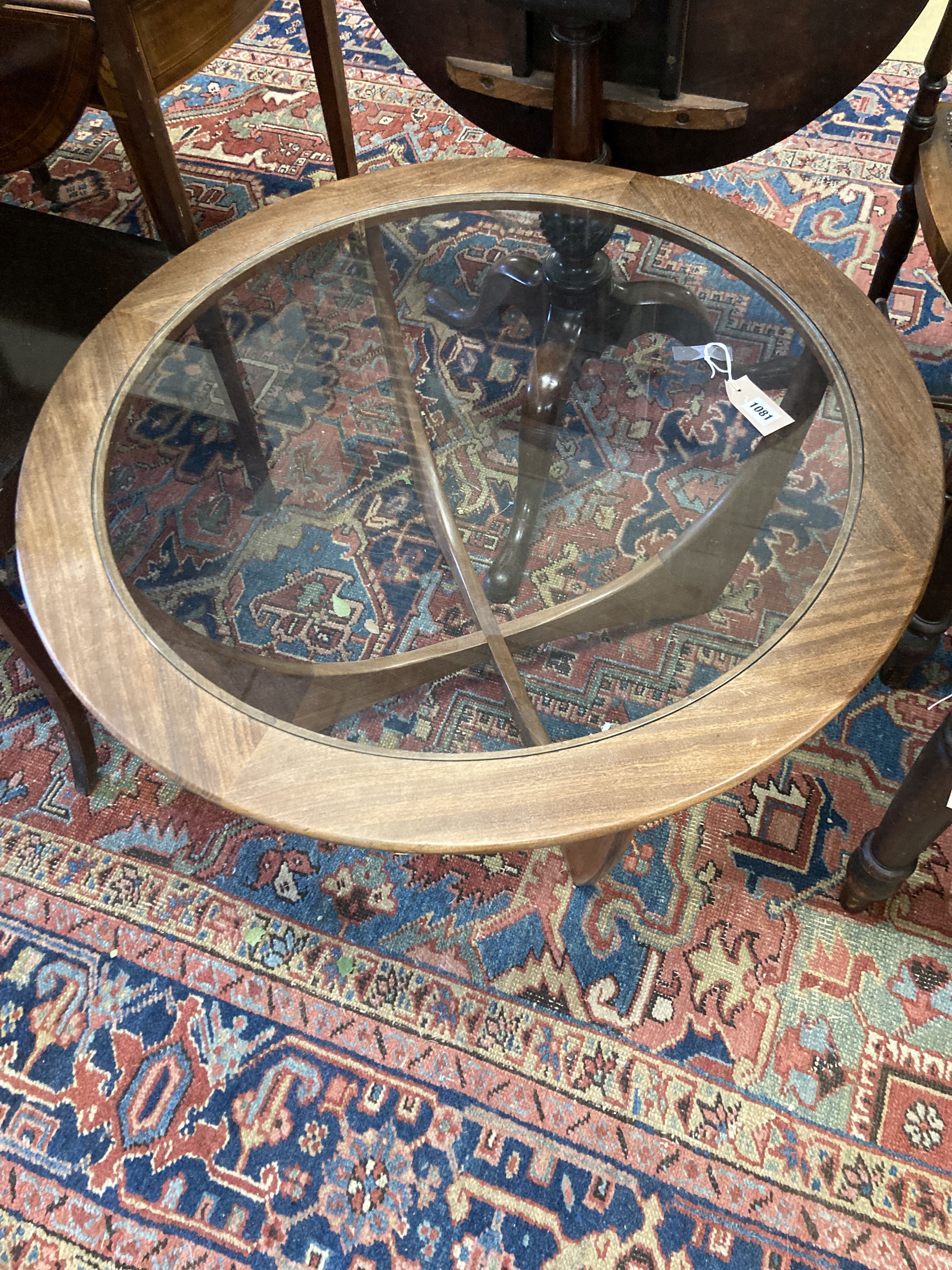 A G Plan circular glass top teak coffee table, diameter 84cm, height 45cm